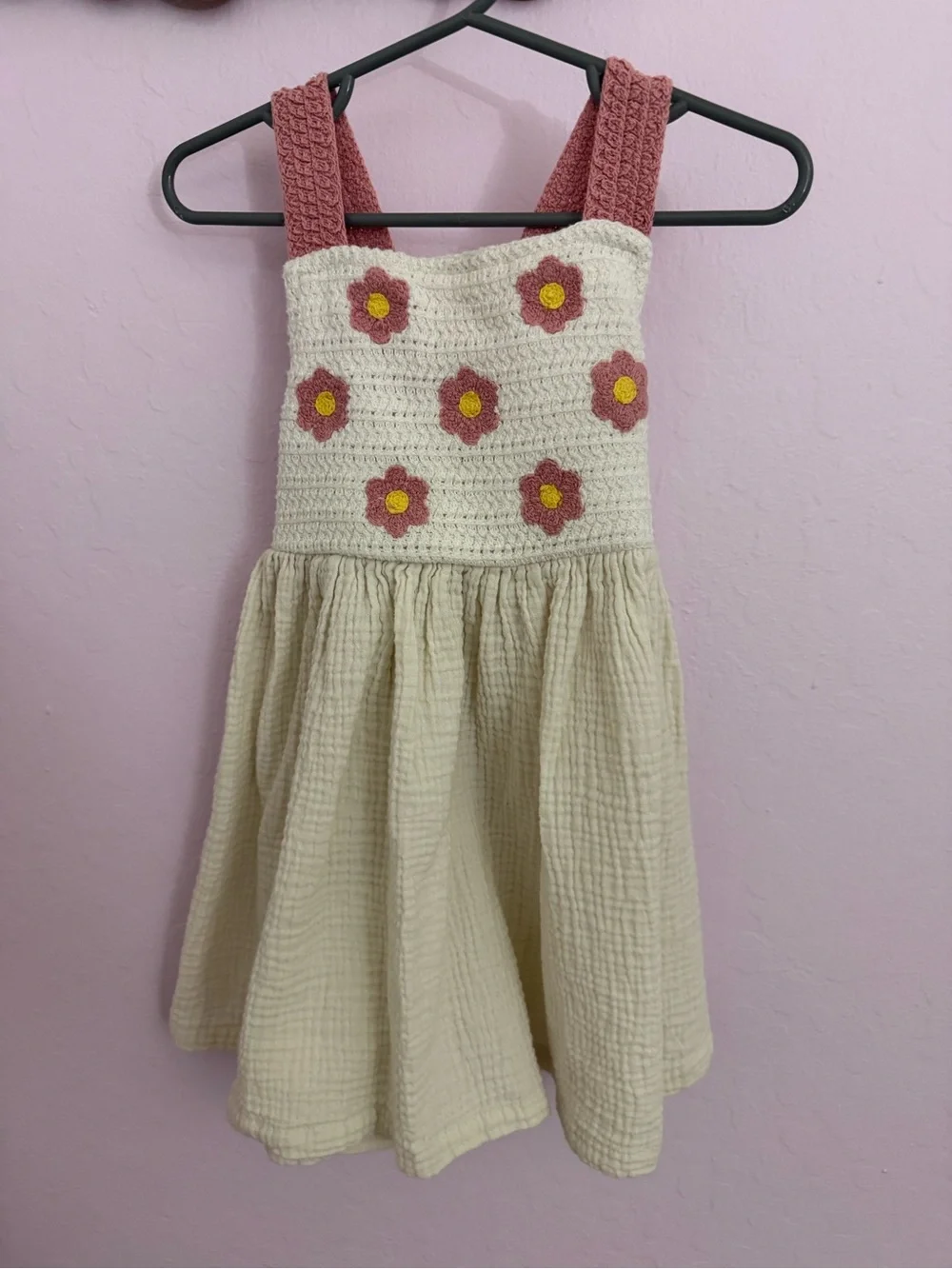 Cream & Pink Flower Crochet Bodice Girls Dress